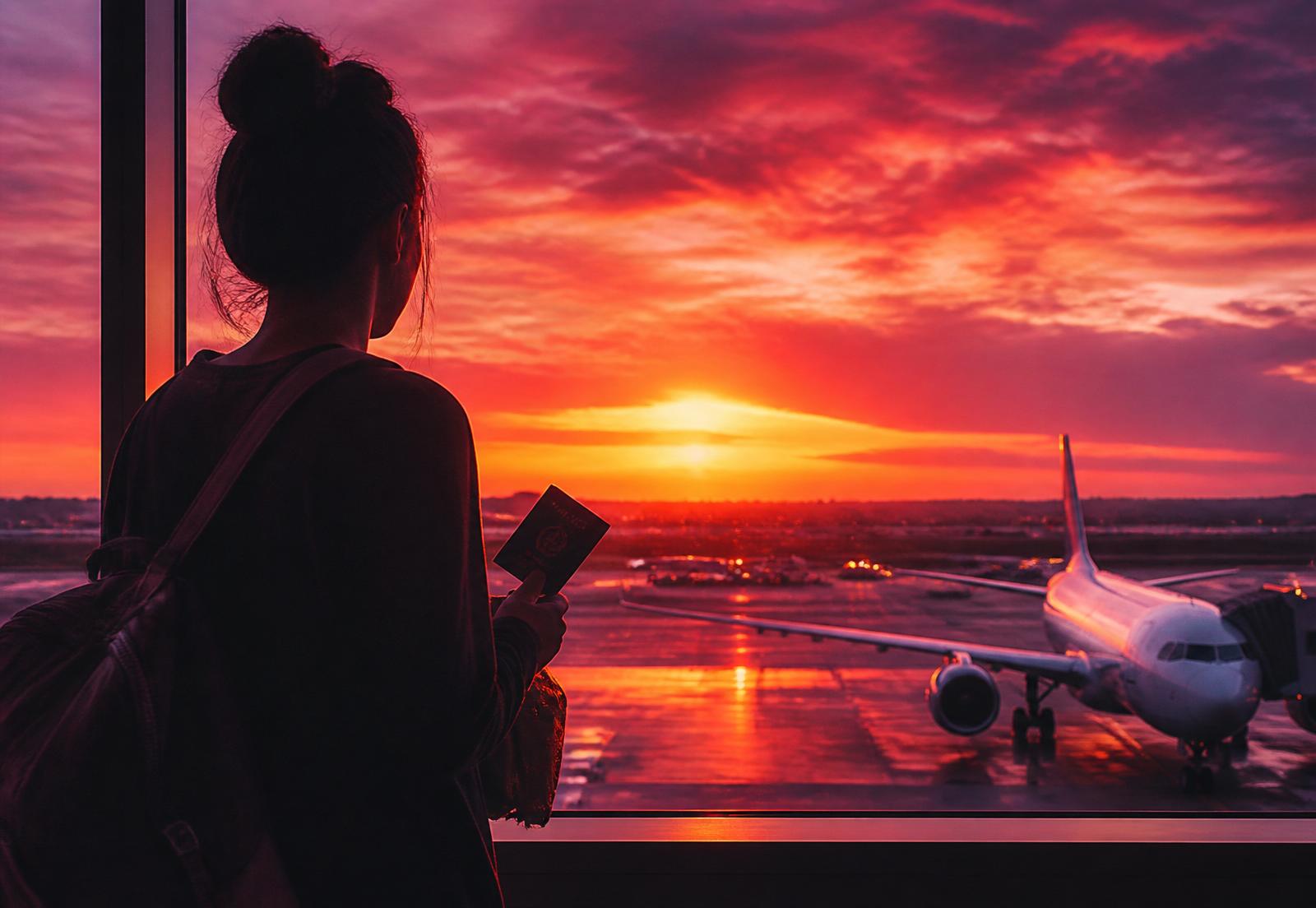 Traveller holding a passport at the airport window as an aircraft prepares for departure at sunset